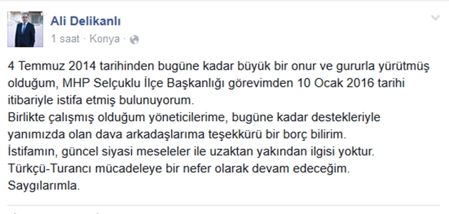  MHP Konya'da istifalar sürüyor! Ali Delikanlı istifa etti