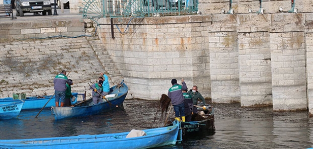 Beyşehir Gölü kıyısında kayıklarla ot temizliği