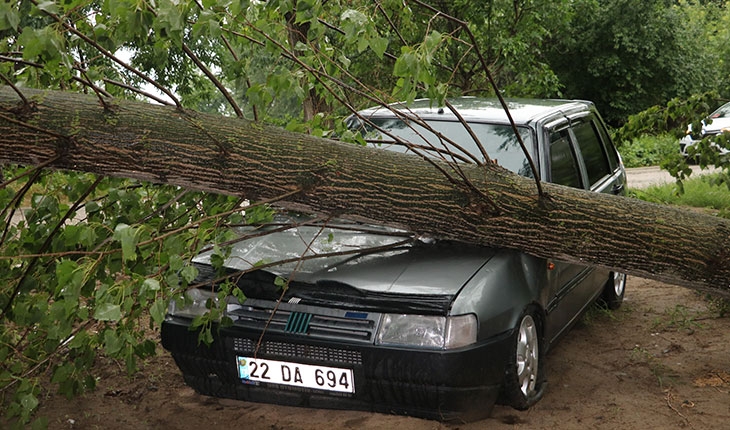 Fırtına sebebiyle ağaçlar araçların üzerine devrildi, yollar kapandı
