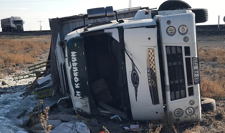 Cam yüklü kamyon şarampole devrildi: Sürücü yaralandı