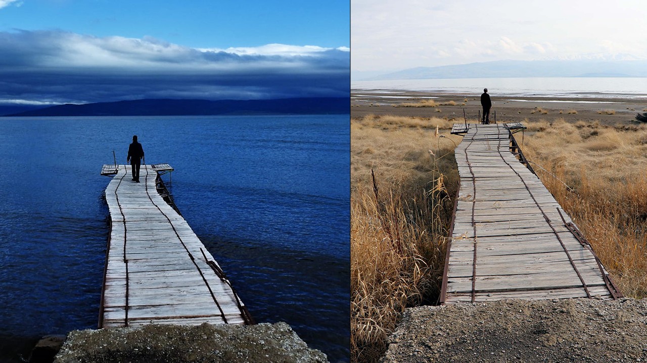 İki fotoğraf karesi, Van Gölü’ndeki çekilmeyi gözler önüne serdi
