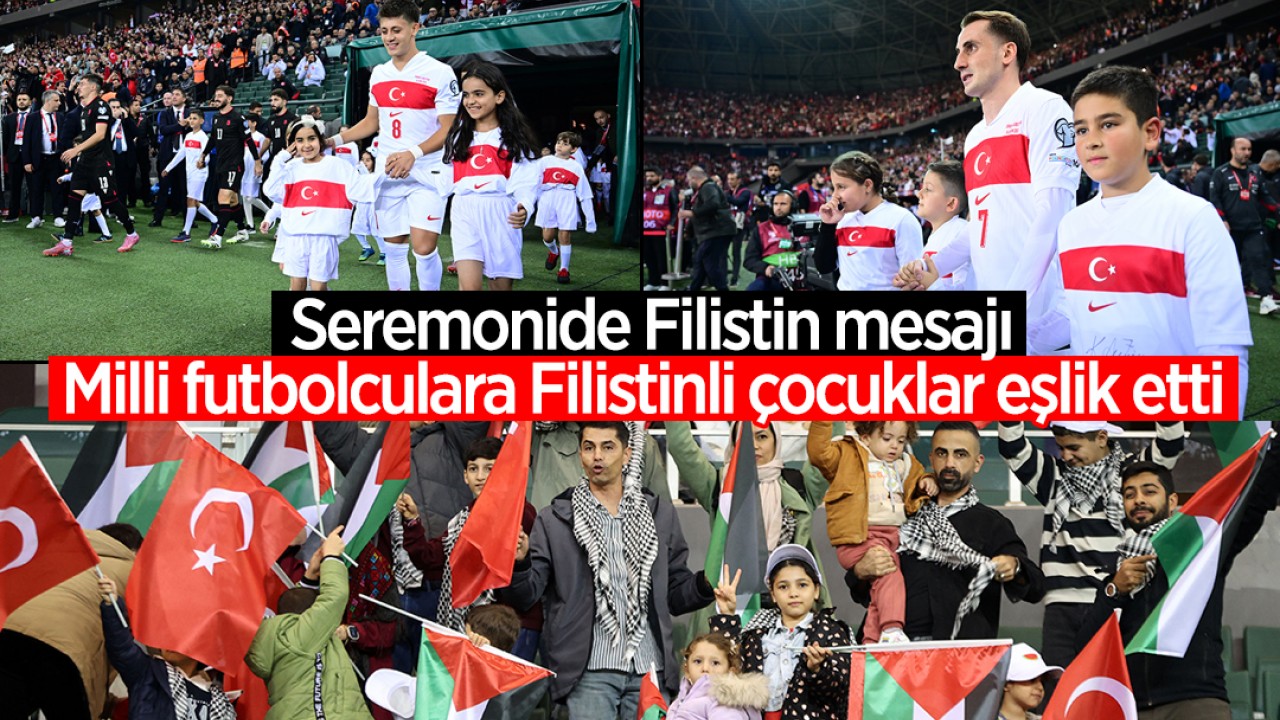 Seremonide Filistin mesajı: Milli futbolculara Filistinli çocuklar eşlik etti