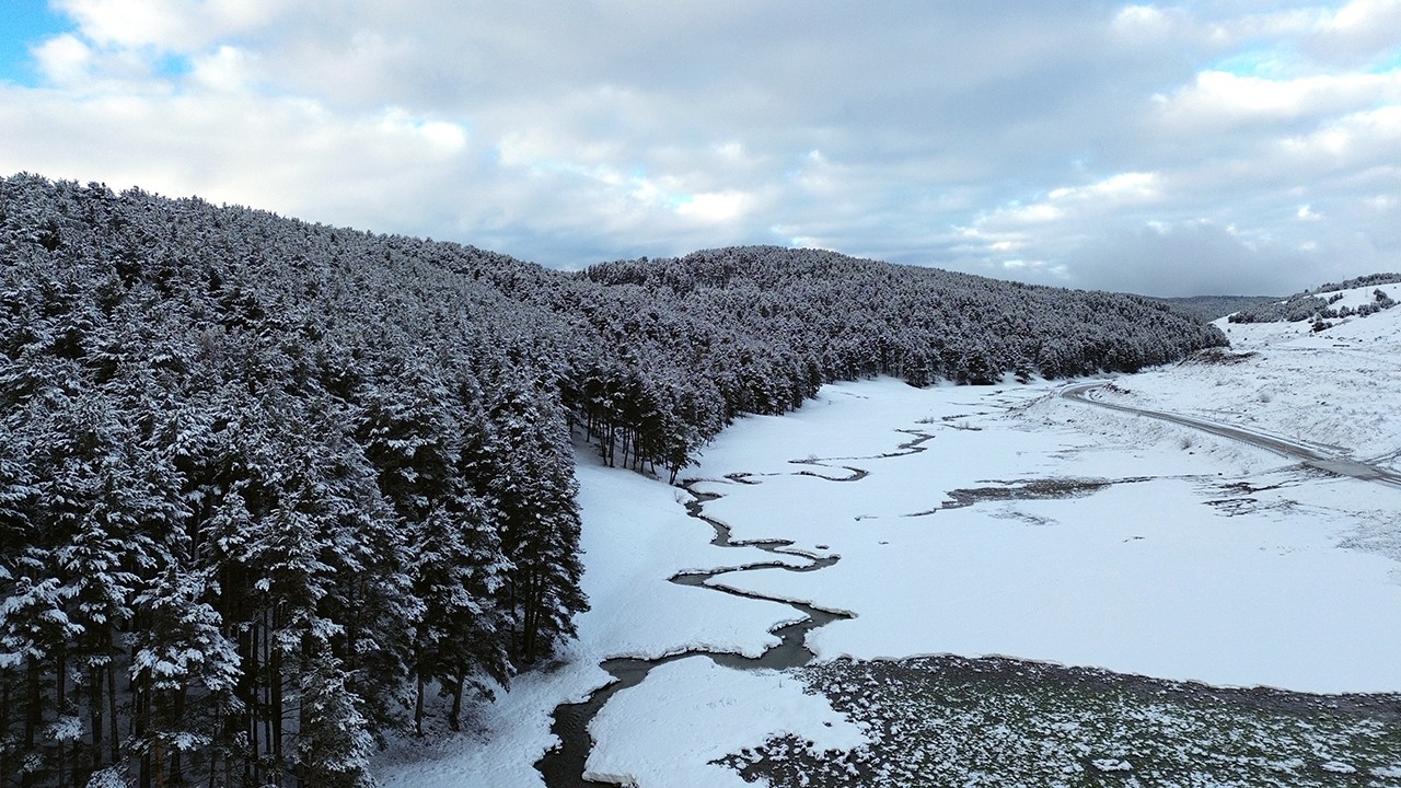 Karla kaplı Sarıkamış ormanları dronla görüntülendi