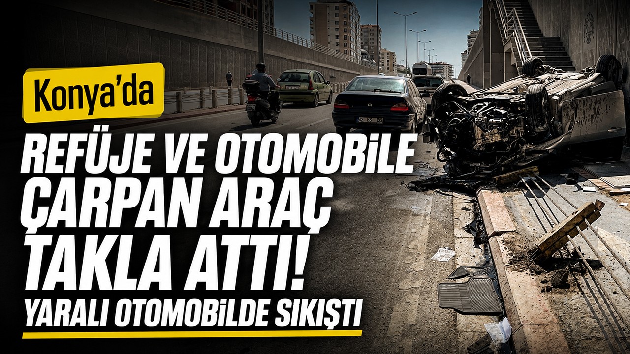 Konya'da refüje ve otomobile çarpan araç takla attı! Yaralı otomobilde sıkıştı