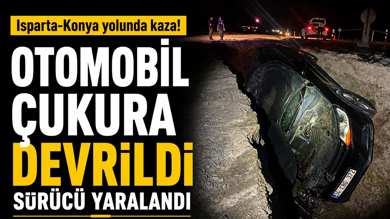 Isparta-Konya yolunda kaza! Otomobil çukura devrildi: Sürücü yaralandı