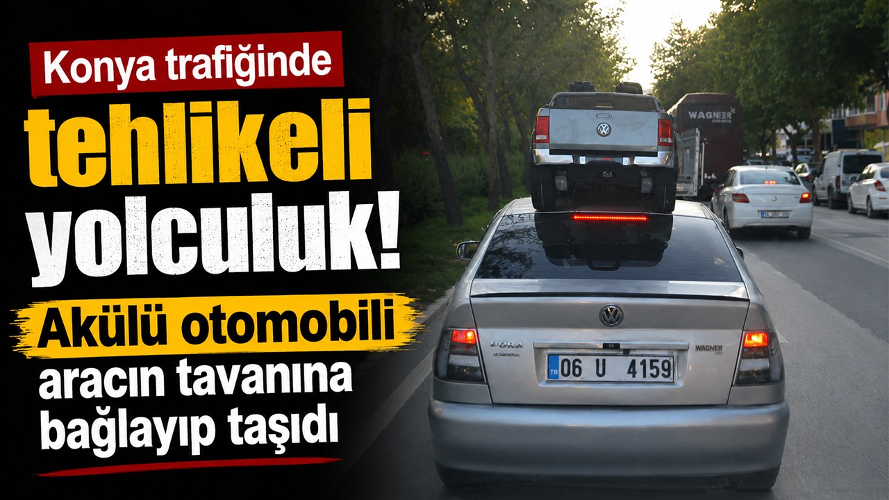 Konya trafiğinde tehlikeli yolculuk! Akülü otomobili aracın tavanına bağlayıp taşıdı