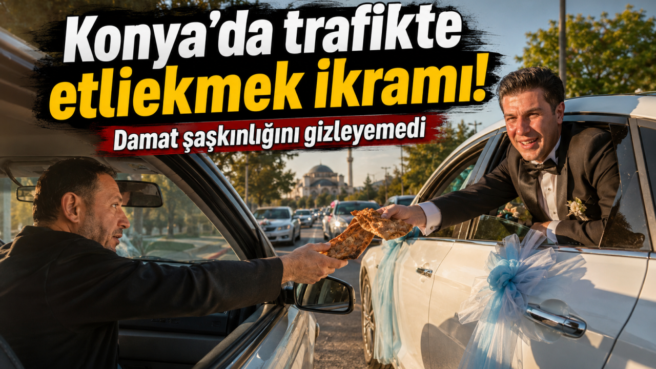 Konya'da trafikte etliekmek ikramı! Damat şaşkınlığını gizleyemedi
