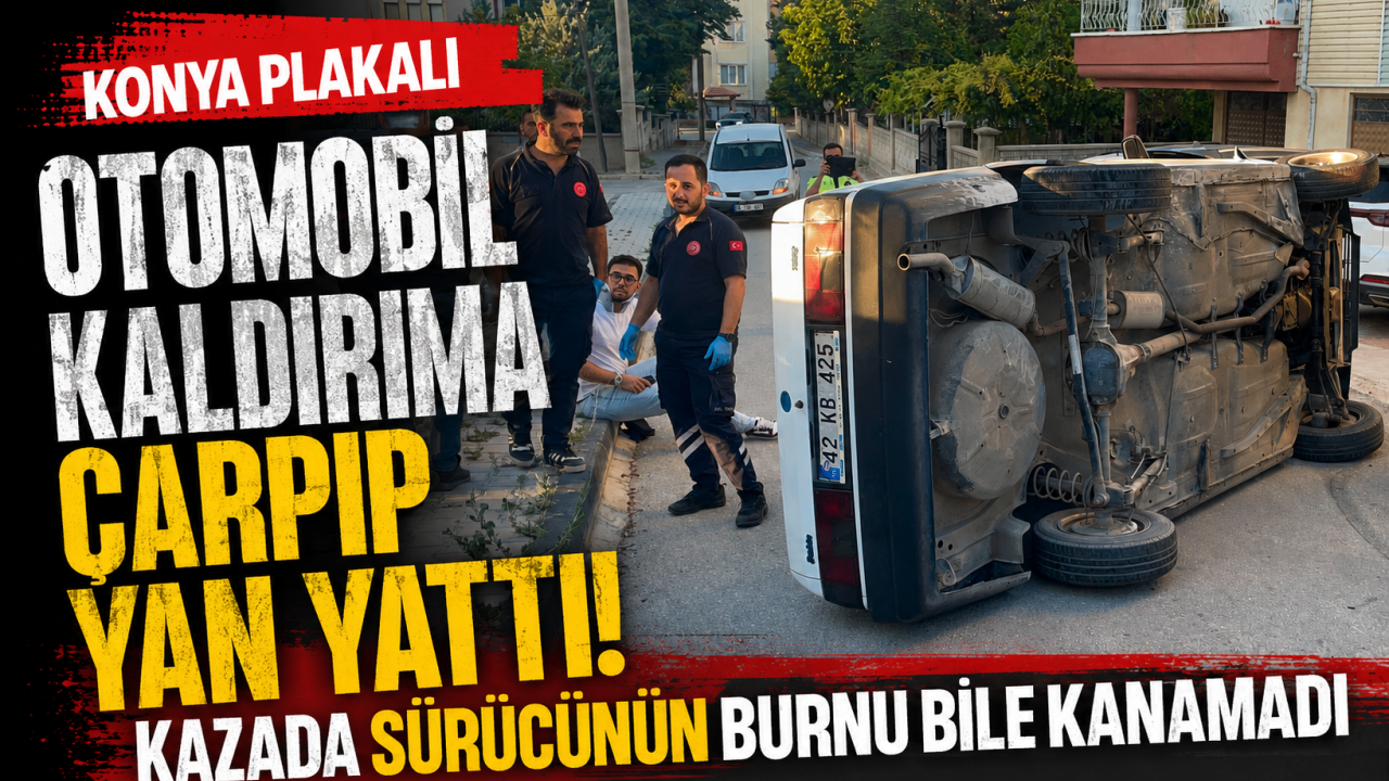 Konya plakalı otomobil kaldırıma çarpıp yan yattı: Kazada sürücünün burnu bile kanamadı