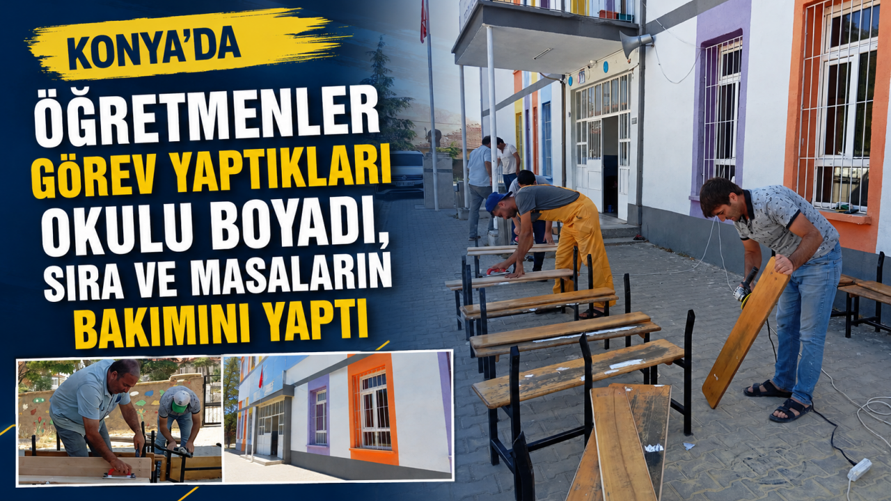 Konya'da öğretmenler görev yaptıkları okulu boyadı, sıra ve masaların bakımını yaptı